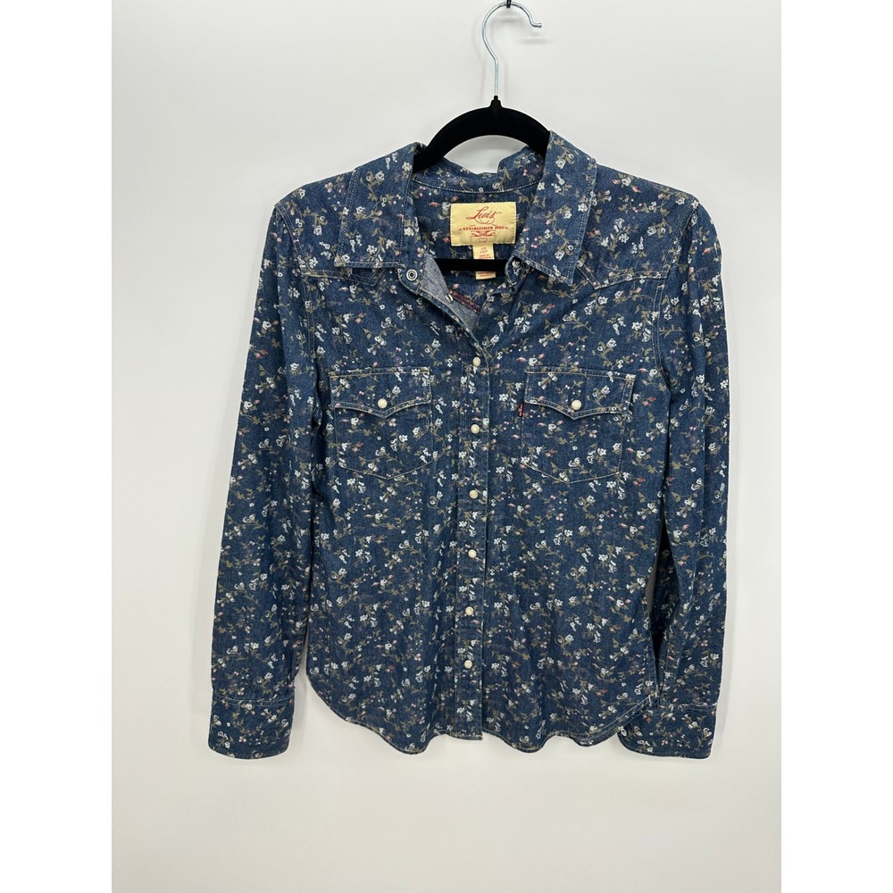 Levi's Floral Denim Western Shirt Women Small Cottagecore Pearl Snap Front Top